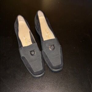 Salvatore Ferragamo Black Suede & Fabric Loafers with Gancini Hardware.